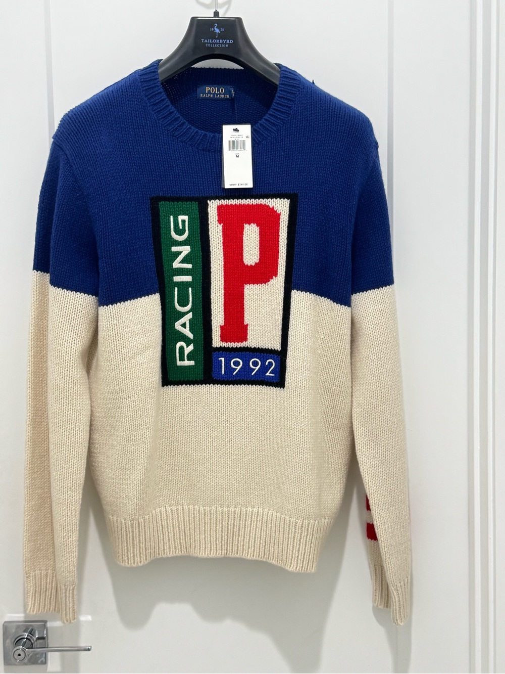 Polo by Ralph Lauren Blue, Cream & Red Racing 1992 Crewneck Sweater